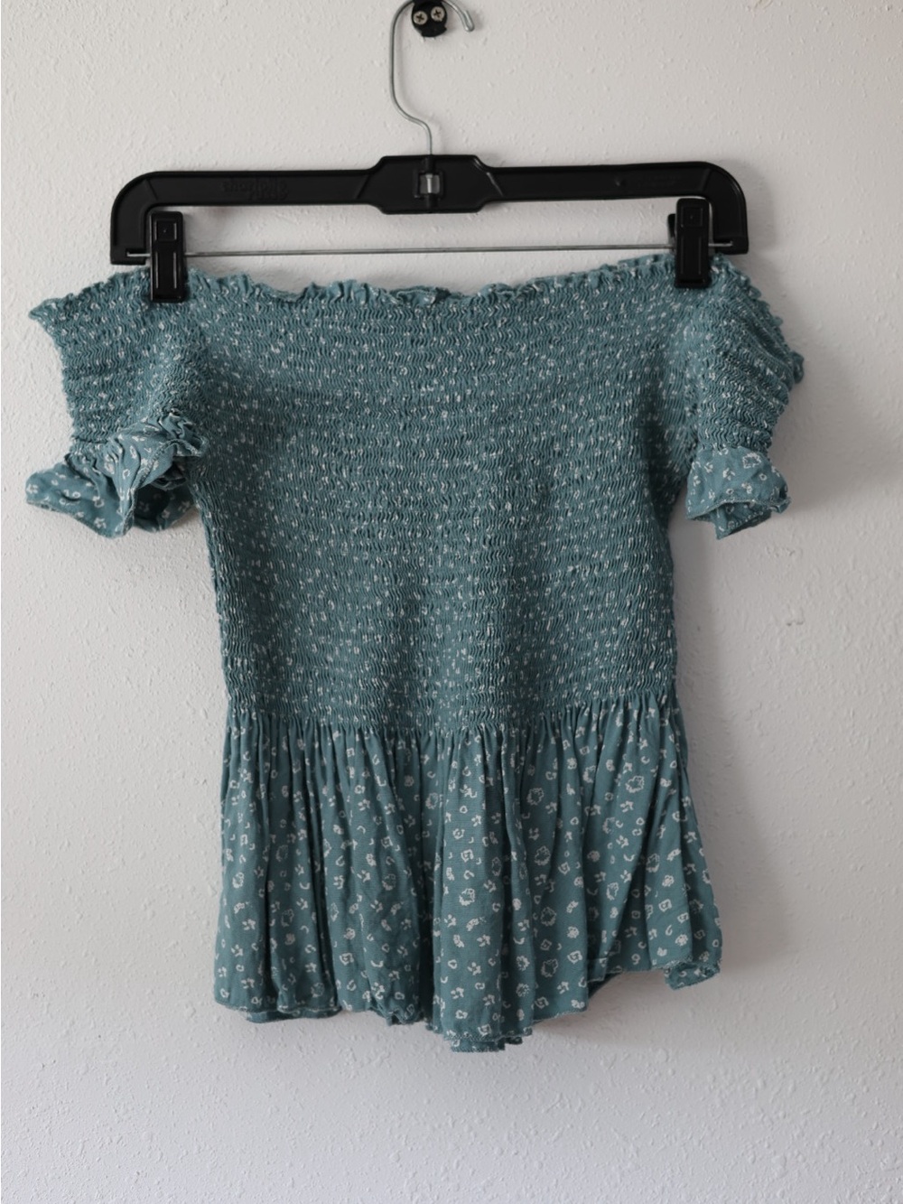 Japna Teal Off-Shoulder Smocked Peplum Crop Top